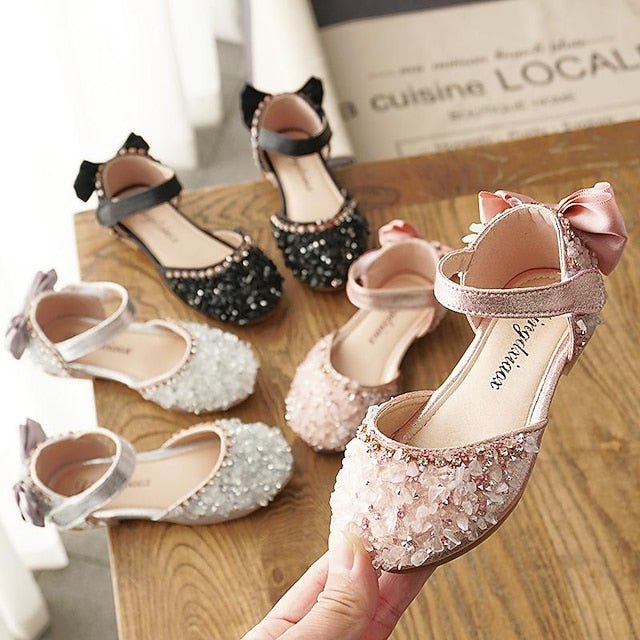 Girls' and with Girl Bow Sparkly Shoes Flower Crystal Satin