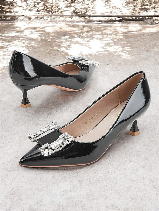 Patent Women's Embellished with Crystal Leather Pumps Black