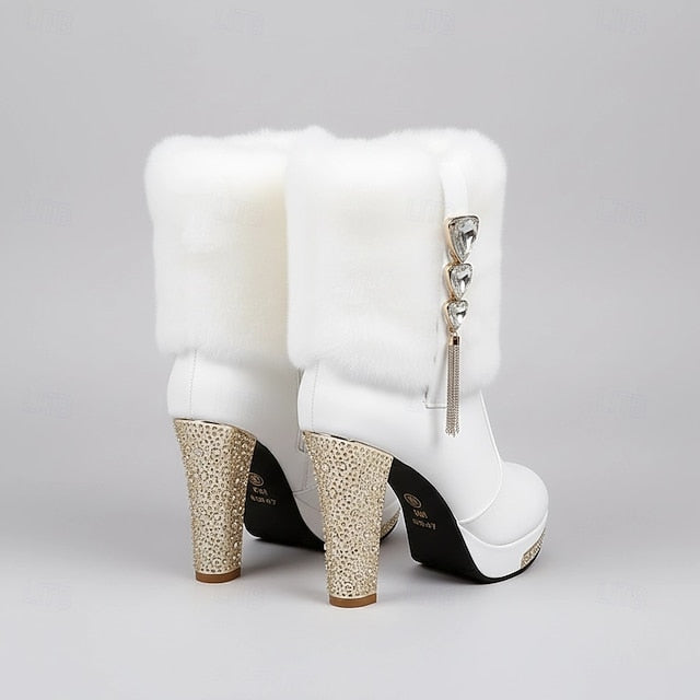 with White Heels Women's Fur Rhinestone Ankle Boots Faux -