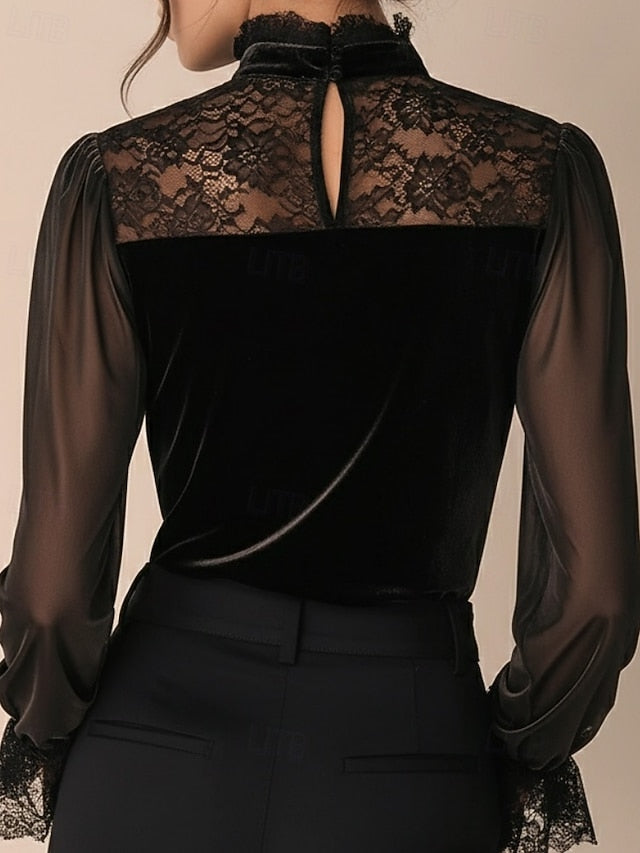 Women's Shirt Blouse Lace Tops Mesh Lace Trim Plain Stylish