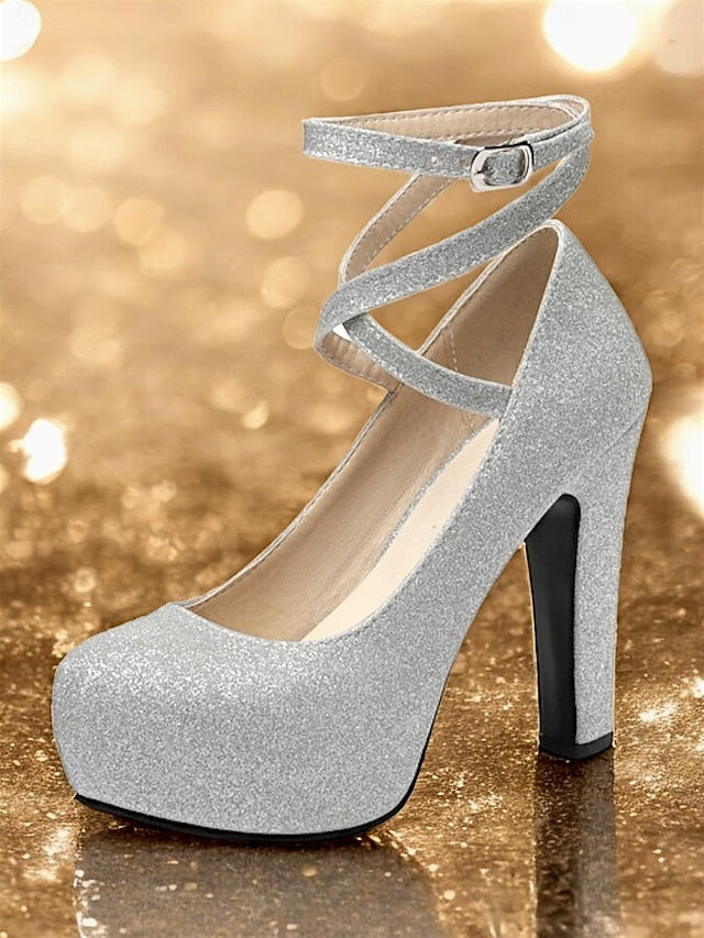 with Ankle Pink – Women's Strap Glitter Platform Heels