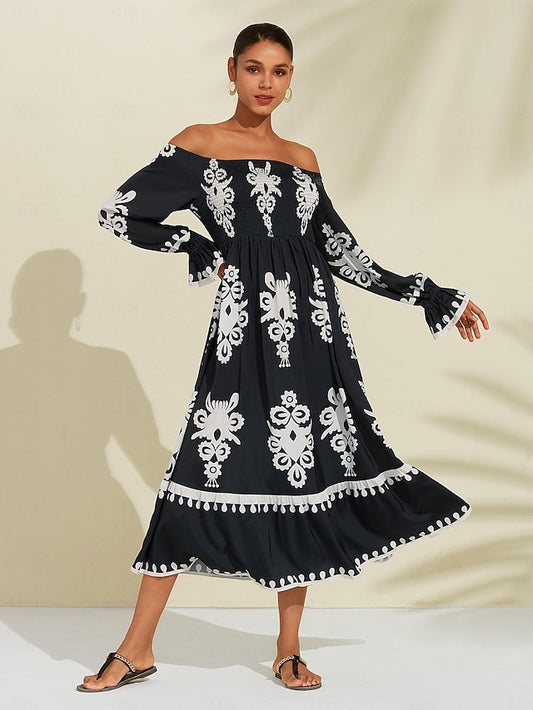 Geometric Print Off Shoulder Midi Satin Dress