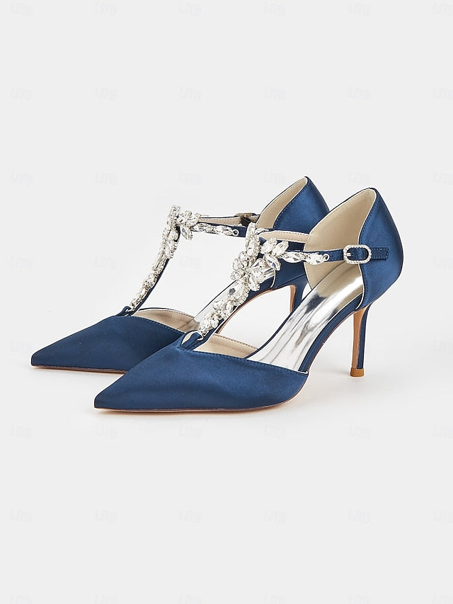 Pointed Toe – Heels Women's Blue T-Strap Navy Satin