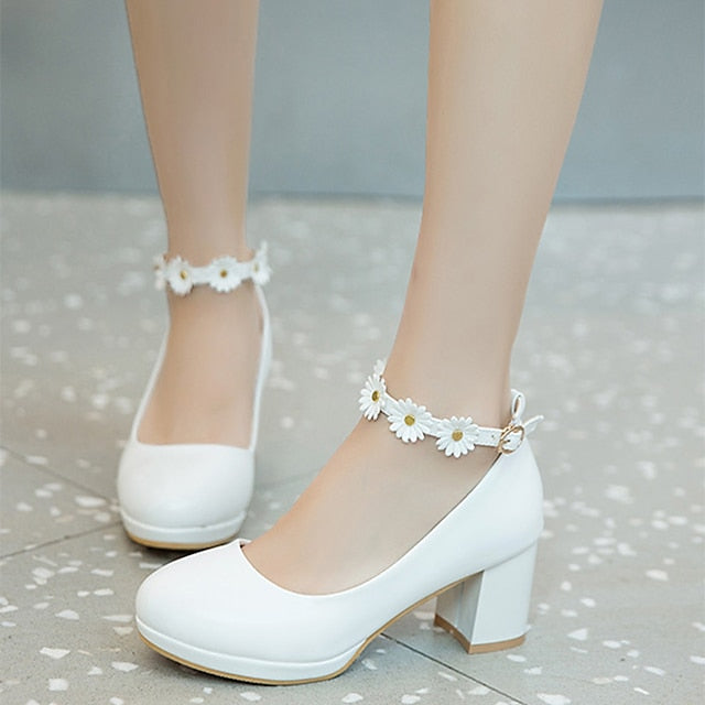 with Ankle White Shoes Heel Daisy Block Flower Girls'