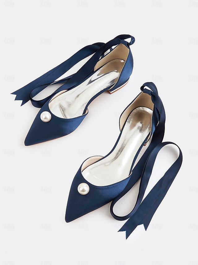 Embellished Flats Pointed Navy Toe Pearl - Women's Satin