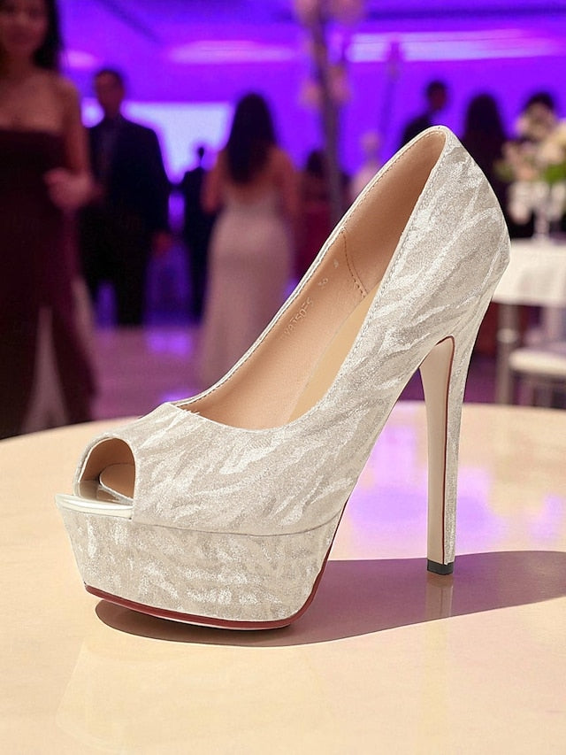 with Silver Women's Pattern Platform Subtle Peep-Toe Heels