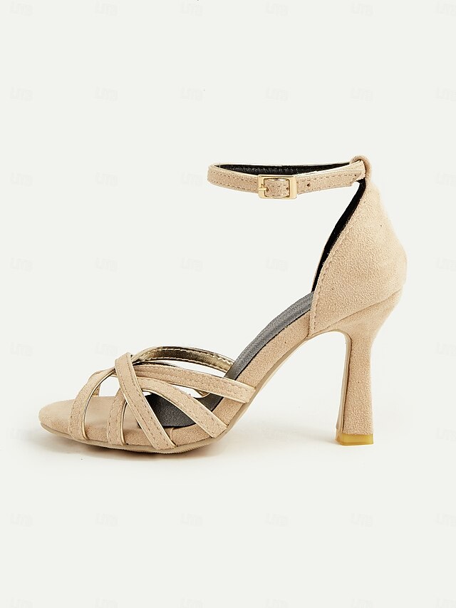 Women's Elegant Suede Strappy – Nude Ankle Heels 1950s