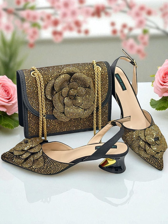 with Women's Gold Matching Pumps Slingback Rhinestone