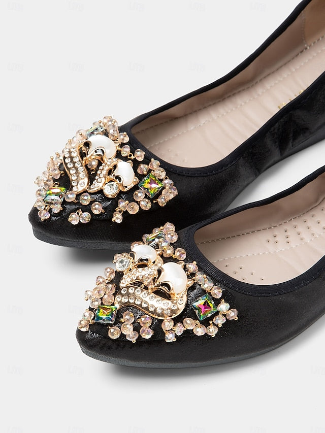 with Rhinestone Foldable Flats Black Women's  Ballet