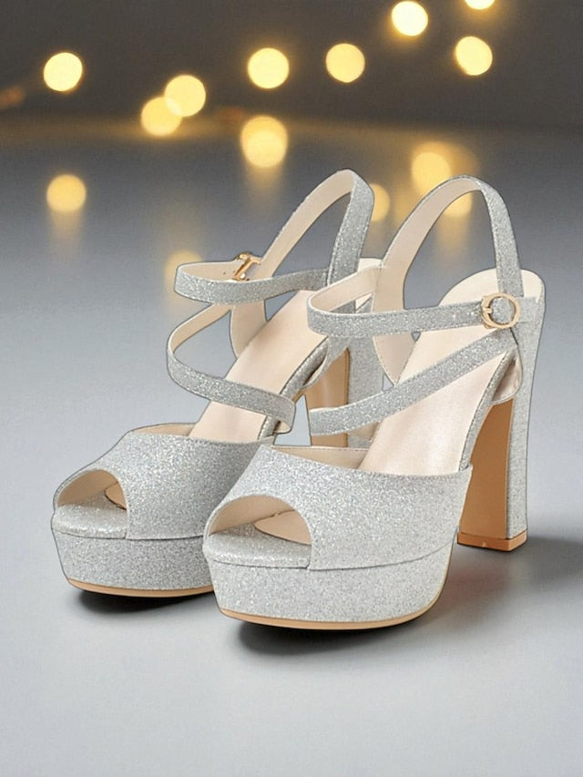 High Platform Ankle Strap Heel with Sandals Glitter Women's