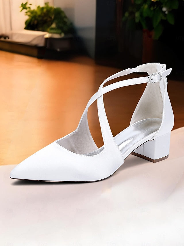 - Pointed Toe Women's Satin Elegant Ivory Block Heels