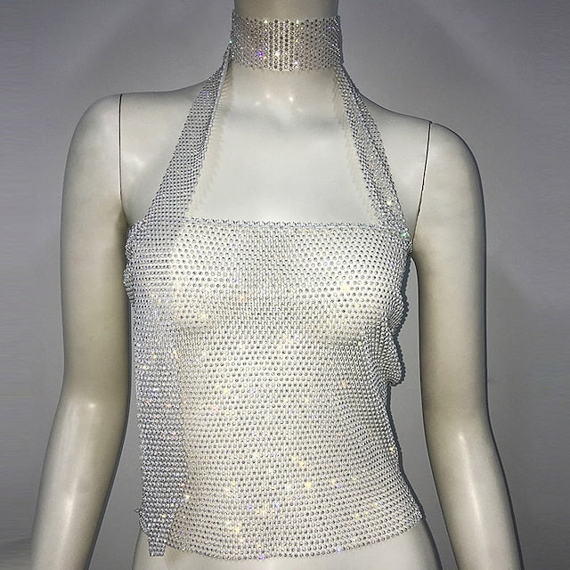 Metallic Sparkle Sexy Crop Tank Top Sheer Mesh Rhinestone Cover