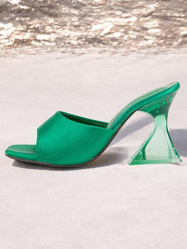 Green for Heels with Block Satin Mules Transparent Open-Toe