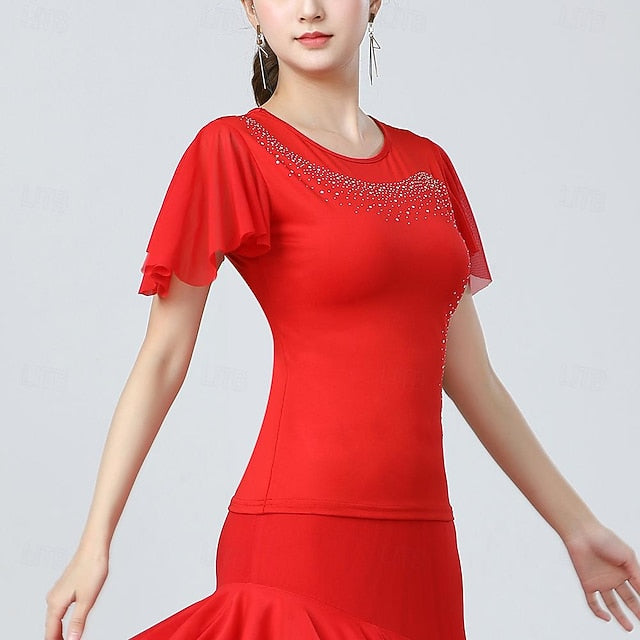 Latin Dance Ballroom Dance Top Glitter Pure Color Splicing