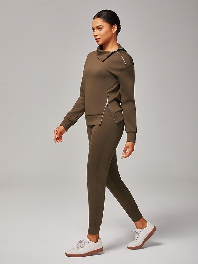 Women's Brown Stretch Knit Zip Slit High Neck Top Tracksuit