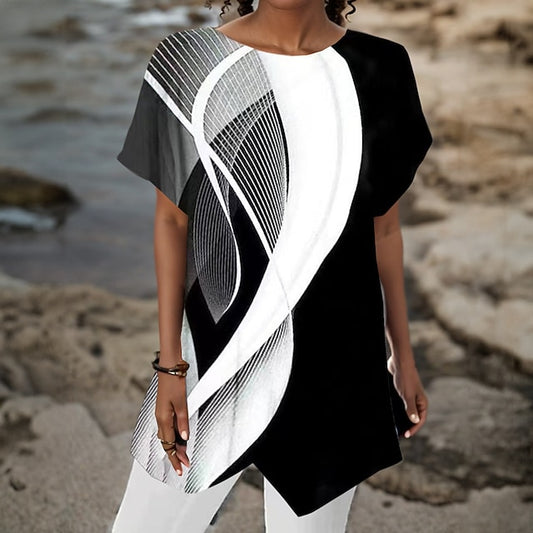 Women's Shirt Asymmetrical Hem Basic Abstract Print Short