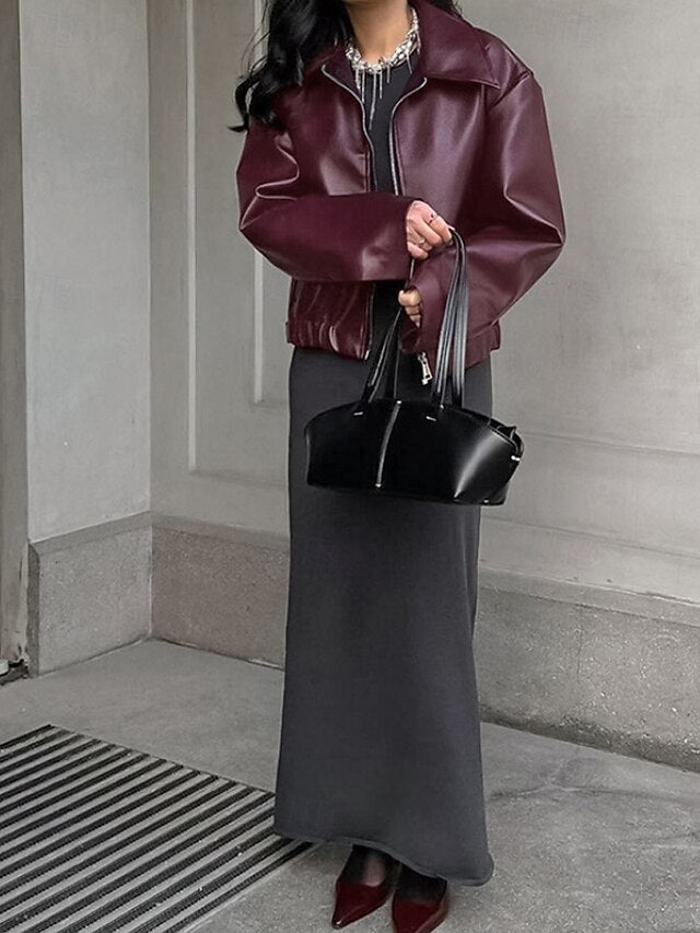 Zipper Pocket Leather Faux Jacket Women's Warm Comfortable