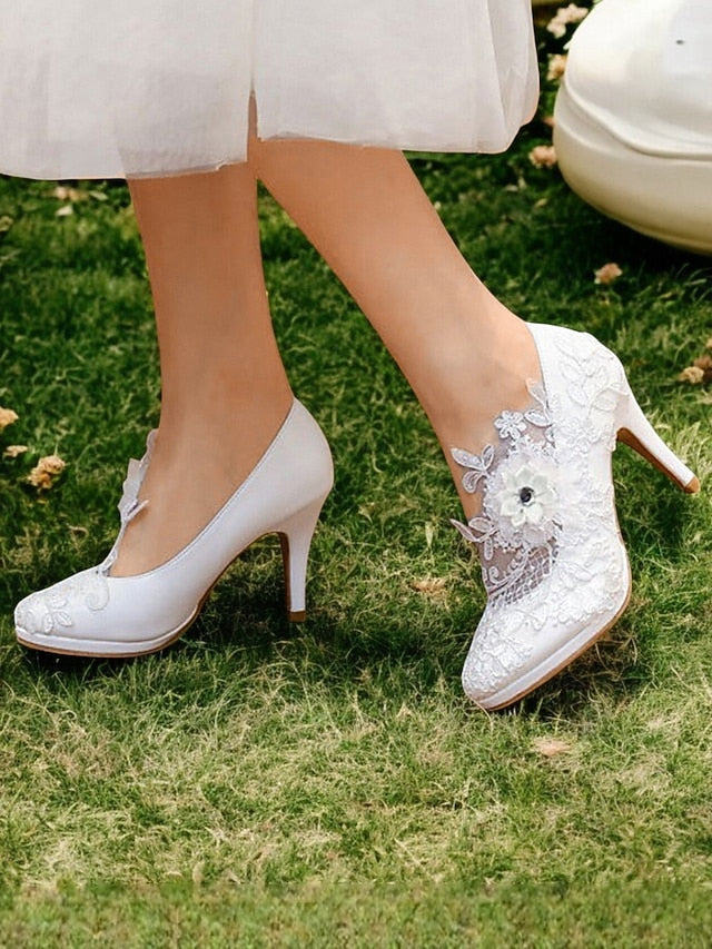 Bridal Shoes – High with Floral Lace Heel Embellishments White