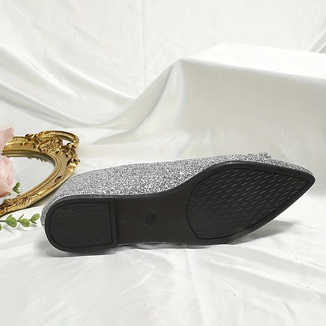 Flats Women's Glitter Rhinestone Embellished Silver with