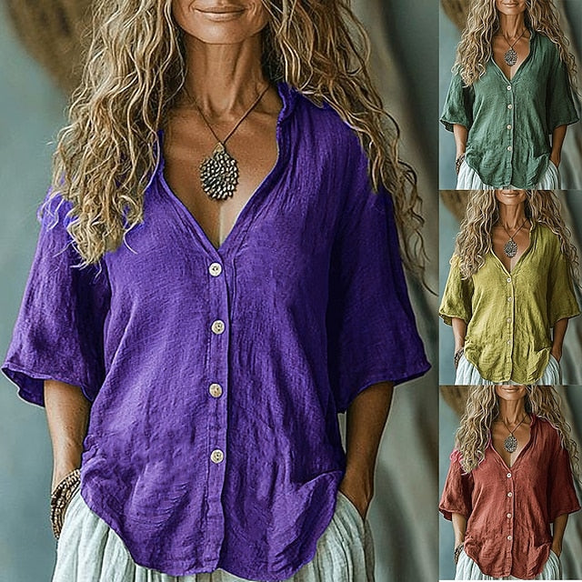 Women's Cotton Linen Blouse Ruched Buttons Solid Color