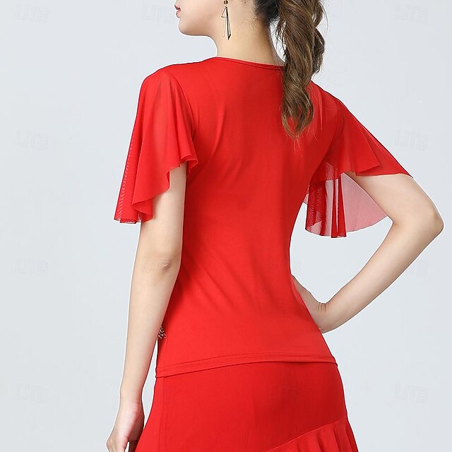 Latin Dance Ballroom Dance Top Glitter Pure Color Splicing