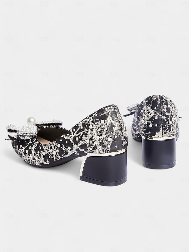 and Detail Black Bow – with Gold Pumps Pearl-Embellished