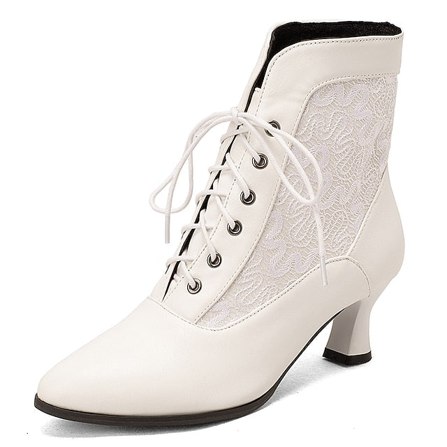 Embroidered Women's Boots with Panels Lace-Up Ankle White