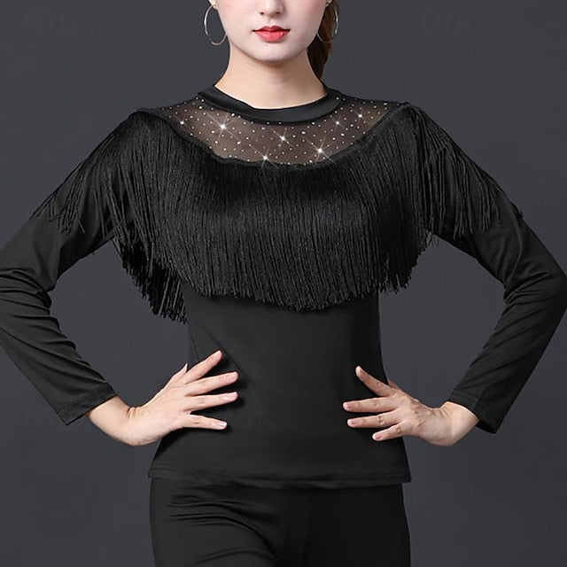 Latin Dance Ballroom Dance Top Tassel Pure Color Splicing