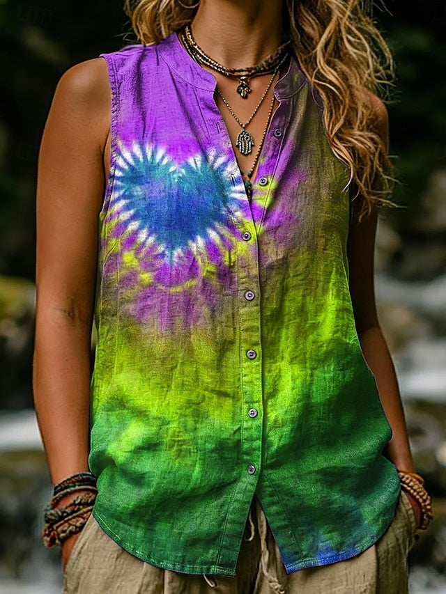 Women's Shirt Cotton Linen Vest Linen Vest Buttons Print