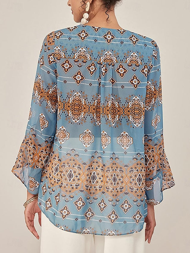 Women's Paisley Print Chiffon Peasant Top Lantern Sleeve