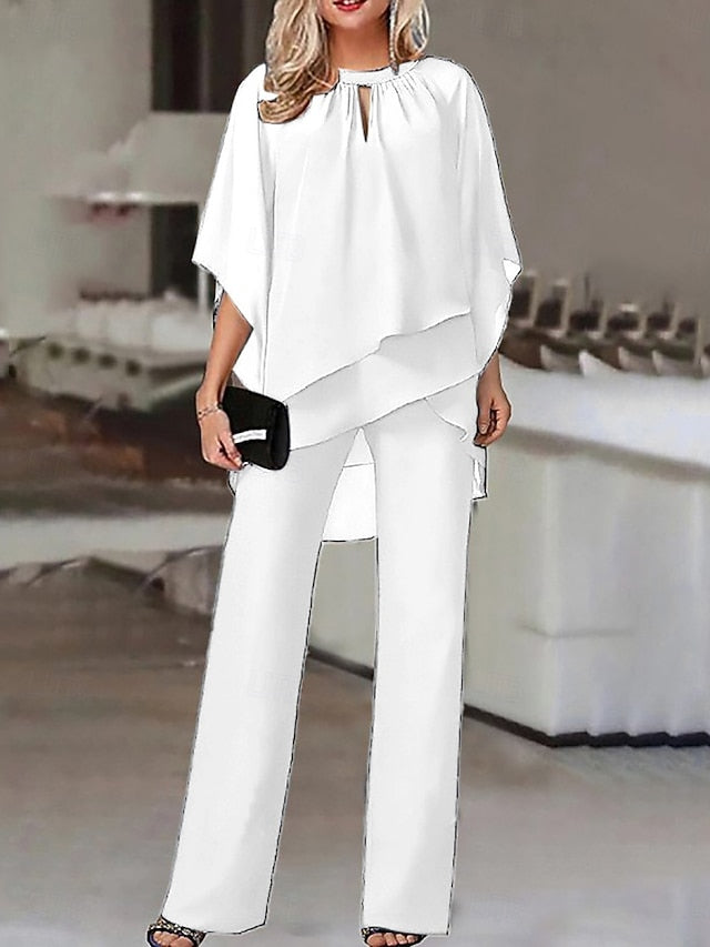Women's Pants Sets 3/4 Length Sleeve Crew Neck Solid Color