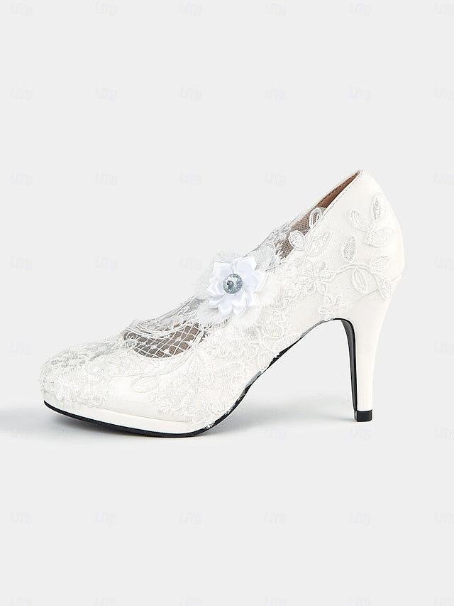 Bridal Shoes – High with Floral Lace Heel Embellishments White