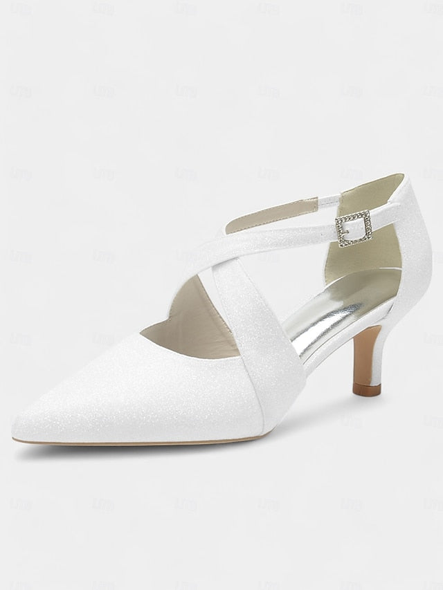 Glitter Heels Rhinestone Buckle Cross White Kitten Strap with