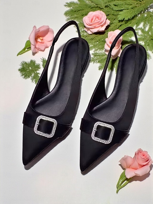 Women's Buckle Slingback with Satin Pink Flats Rhinestone