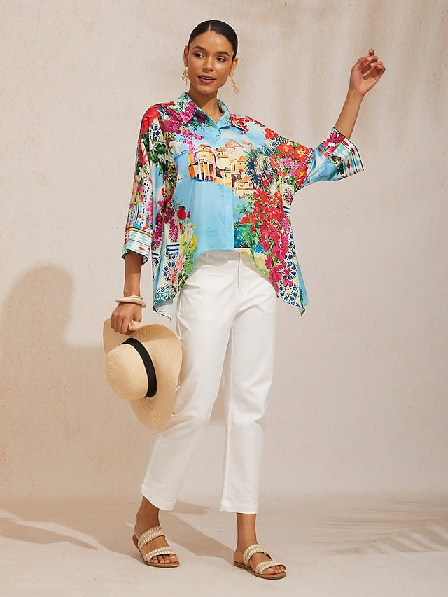 Mallorca Blossom Silky Satin Dolman Sleeve Top