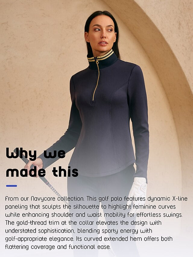 Women's Golf Polo Shirt Navy Blue Long Sleeve Top Ladies