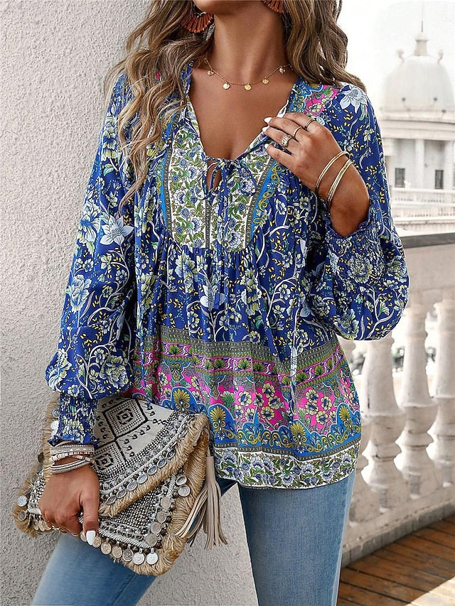 Women's Shirt Blouse Casual Boho Floral Lace up Print Long