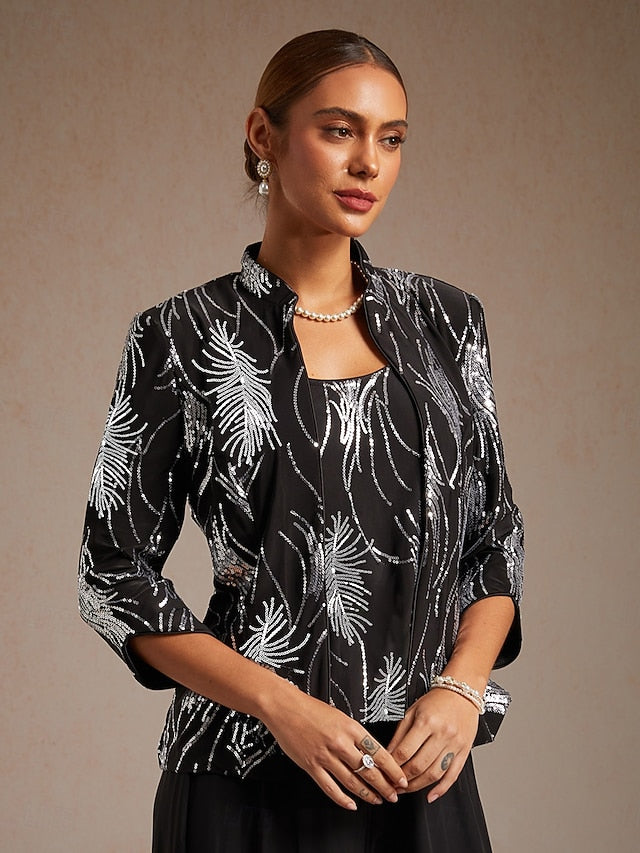 Women's Sequin Tops Twinset Sequins Feather Elegant 3/4