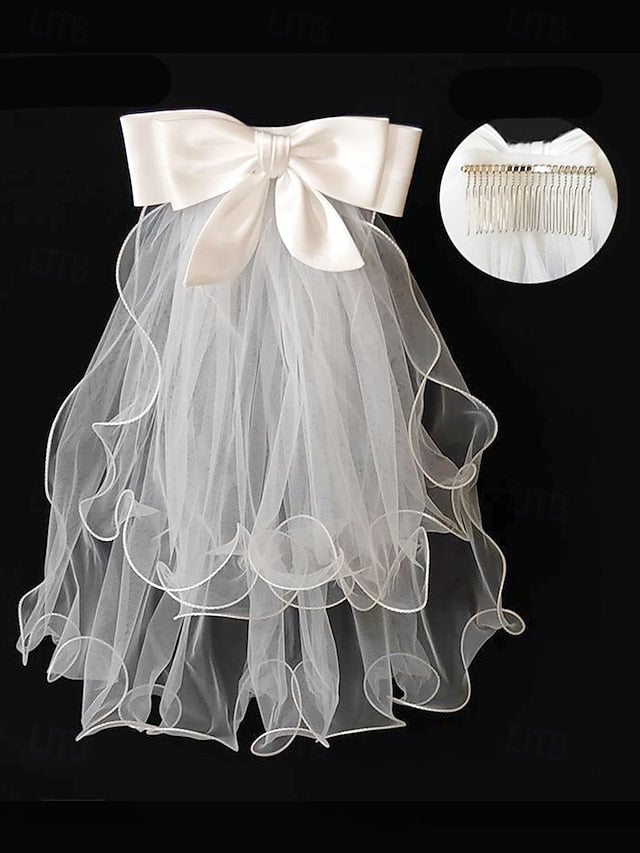 Elegant Satin - Bridal Ivory Ribbon Tulle Veil with and Soft