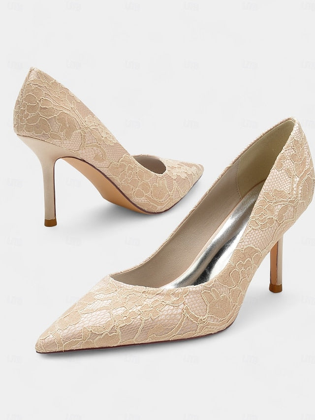 Stiletto Lace-Embroidered Pointed-Toe Women's - Heels