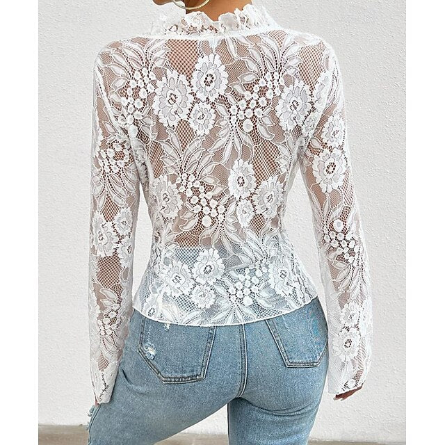 Women's Lace Solid Color Plain Stylish Long Sleeve Causal