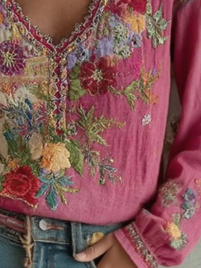 Women's Shirt Boho Shirt Blouse Embroidered Floral Graphic