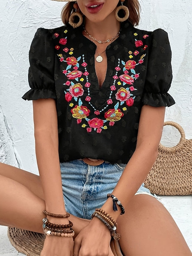 Women's T Shirt Ruffle Patchwork Embroidered Floral Fashion