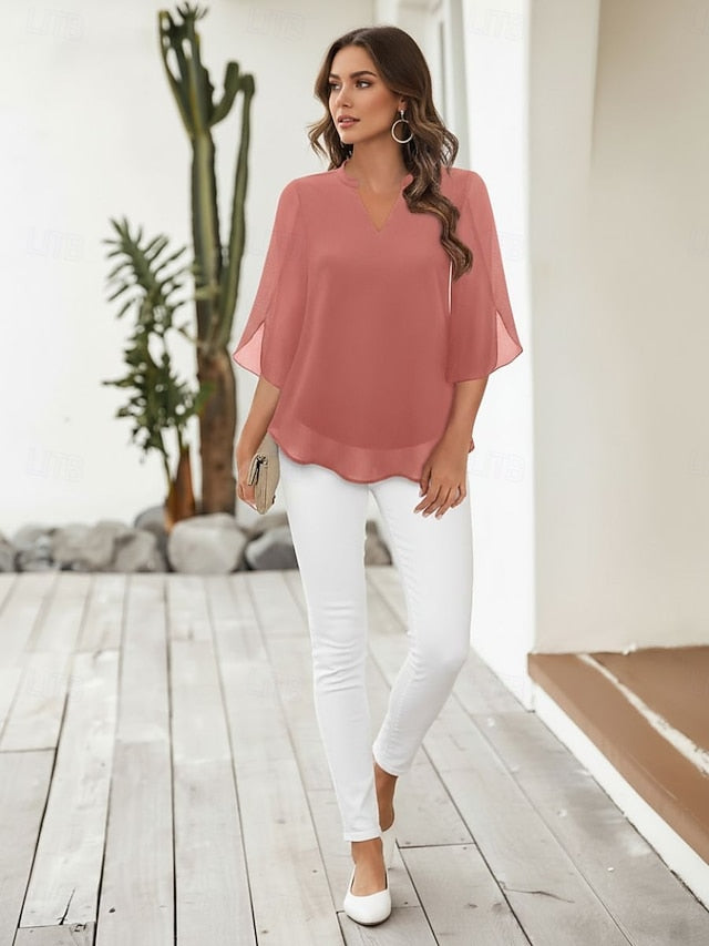 Women's Blouse Chiffon Tops Patchwork Plain Elegant Stylish