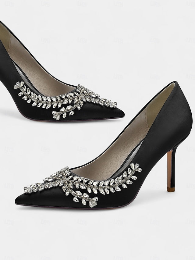 Rhinestone-Embellished – Women's Satin Heels Stiletto