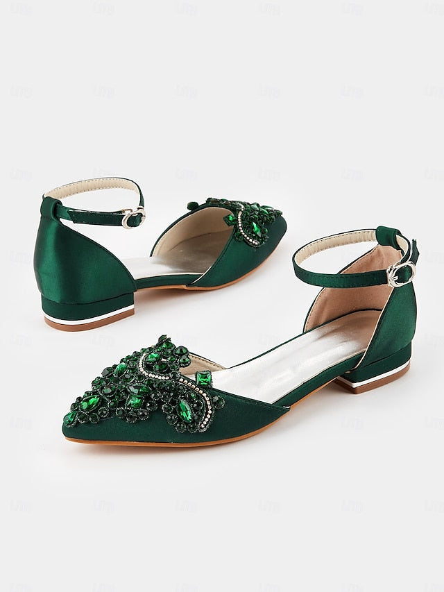 – Gemstone Embellished Flats Pointed-Toe Green Style Vintage