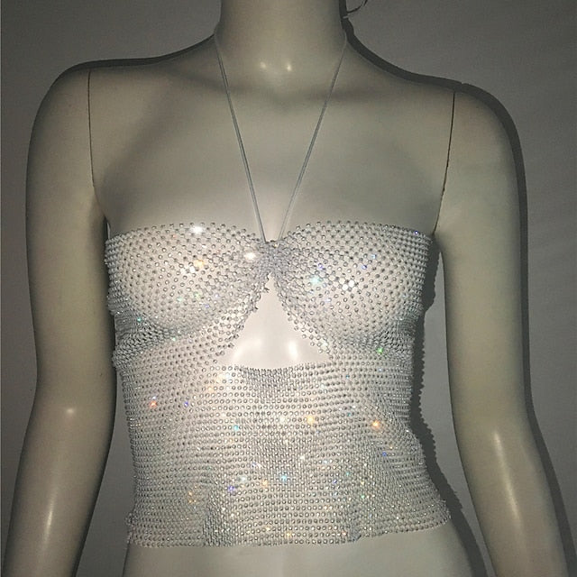 Metallic Sparkle Sexy Crop Tank Top Sheer Mesh Rhinestone Cover