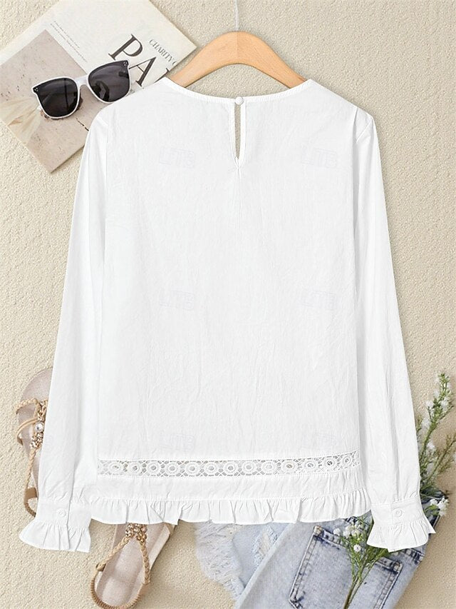 Women's Blouse Eyelet top Ruched Patchwork Eyelet Solid