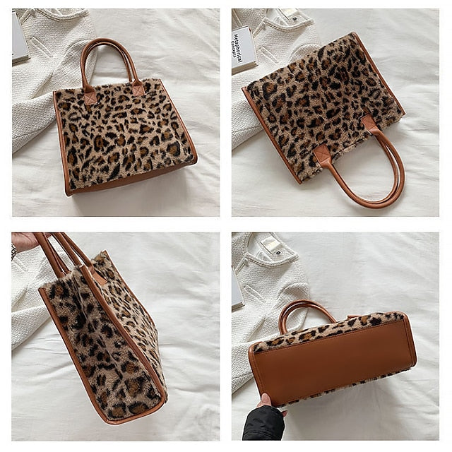 Brown Bag Leather Fur with Women's Print Faux Tote Leopard