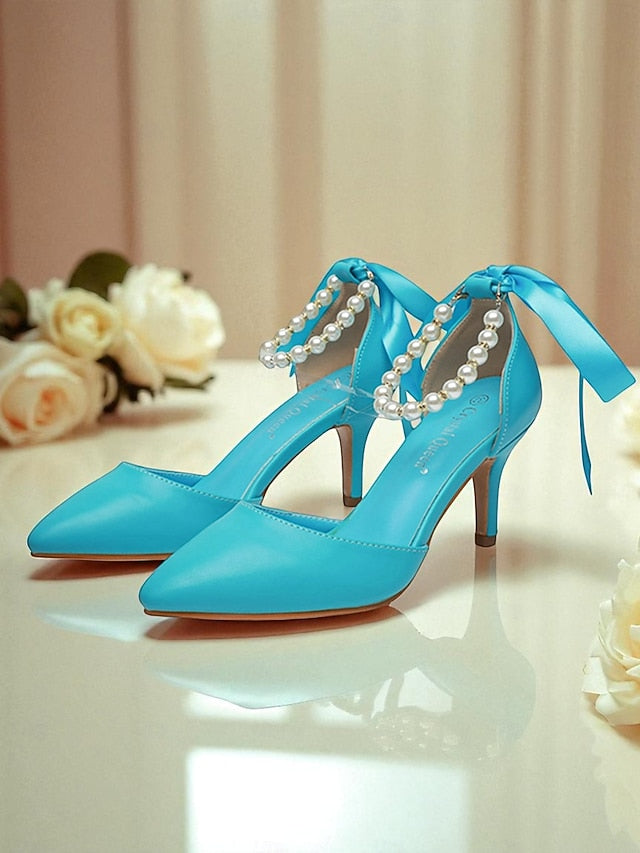 Pearl Bow Ankle Blue Women's - Pumps Strap with Heel Kitten